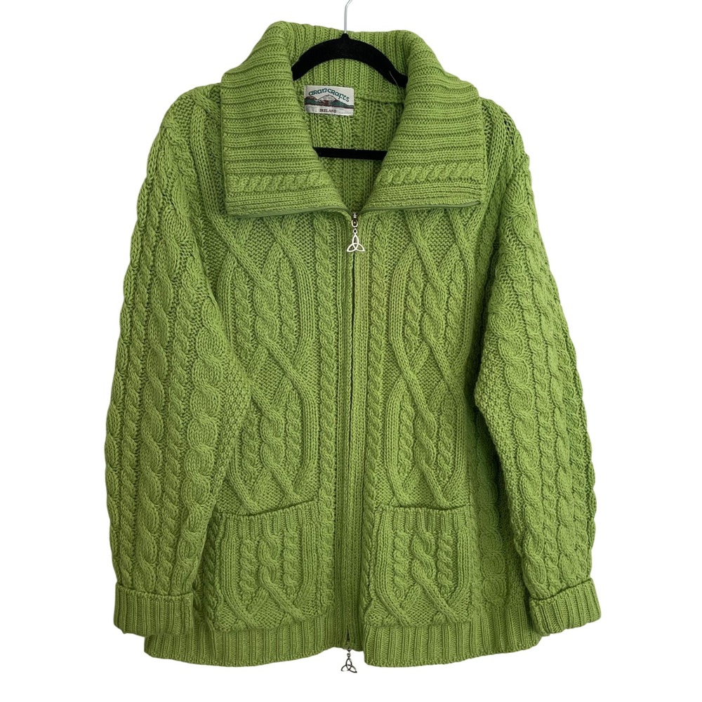 Aran Crafts Ireland Lime Green Cable Knit Full Zip Cardigan Sweater Celtic Pull